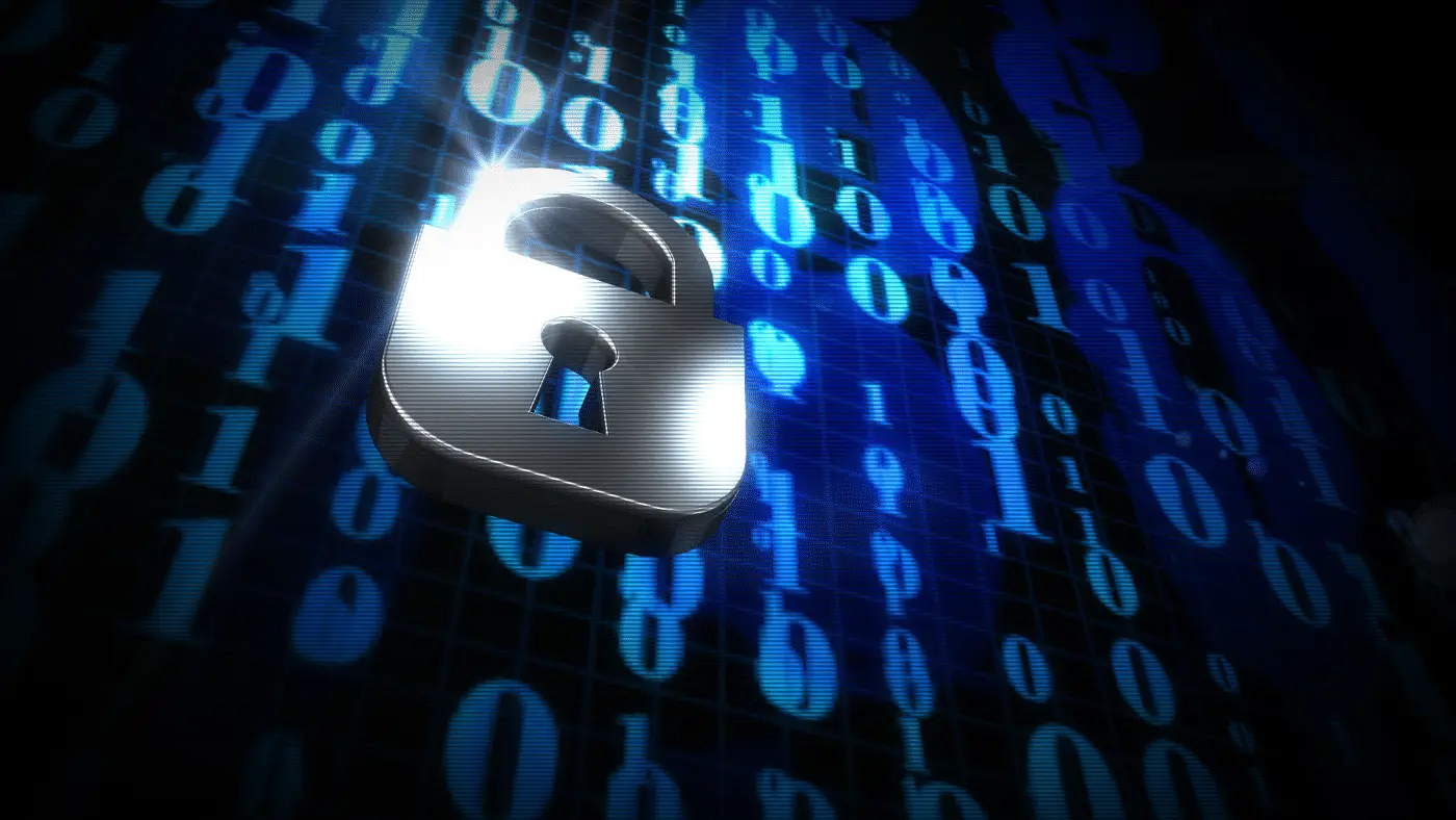 A digital padlock overlaid on a background of binary code in blue tones.