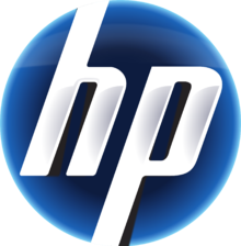 HP logo featuring stylized letters 'h' and 'p' in white on a blue circular background.