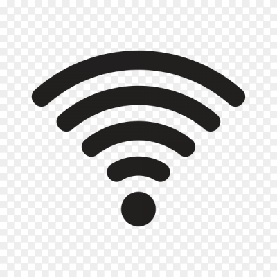 Black WiFi signal icon with curved lines and a central dot representing wireless connectivity.