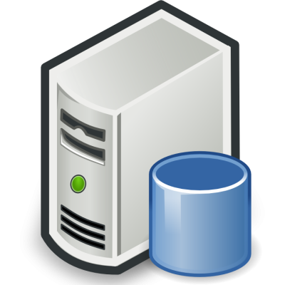 Illustration of a computer server with a blue database next to it in a simple design.